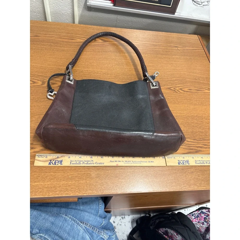 Brighton Leather Shoulder Bag Black Brown Braided Strap Silver Heart Fob Hobo